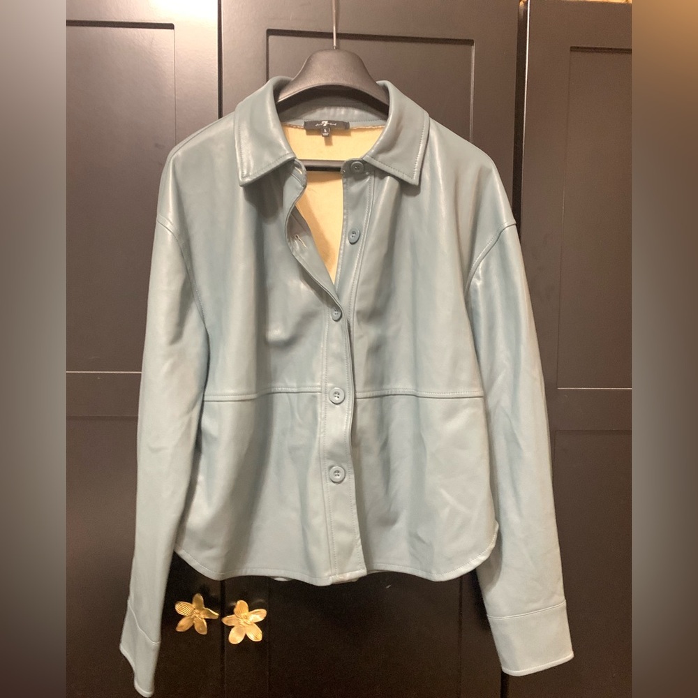 7 For All Mankind Blue Vegan Leather Shacket Jacket spring